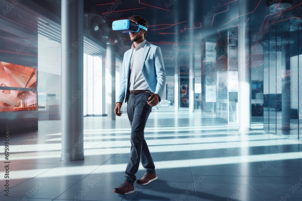 Handsome businessman exploring virtual reality and business metaverse Handsome businessman exploring virtual reality and business metaverse