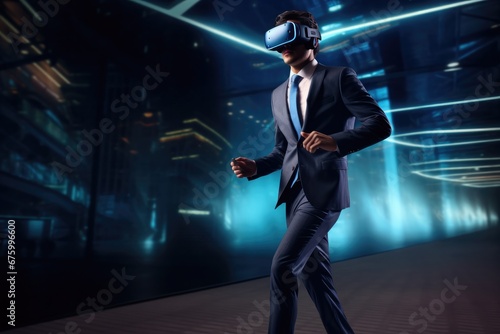 Handsome businessman exploring virtual reality and business metaverse