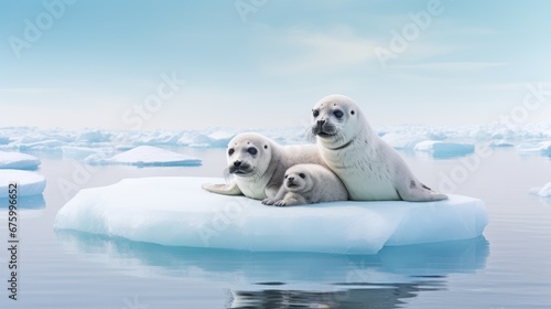  a group of three polar bears sitting on top of an iceberg in the middle of a body of water. generative ai