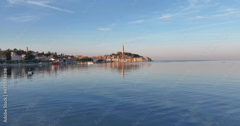 Drone video of the historic Croatian coastal town of Rovinj during sunrise Drone video of the historic Croatian coastal town of Rovinj during sunrise