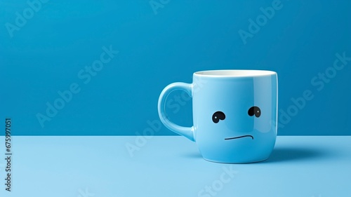 Blue cup a sad face with scarfcoffee on blue background. Blue monday concept and copy space, generative ai photo