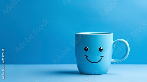 Blue cup a sad face with scarfcoffee on blue background. Blue monday concept and copy space, generative ai