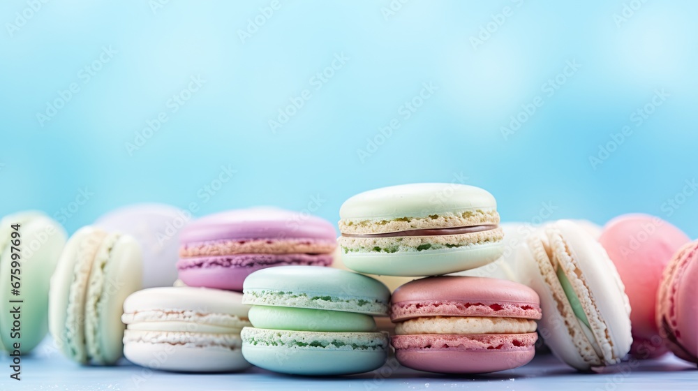 a pile of macaroons sitting next to each other on top of a white counter top next to a blue wall. generative ai a pile of macaroons sitting next to each other on top of a white counter top next to a blue wall. generative ai