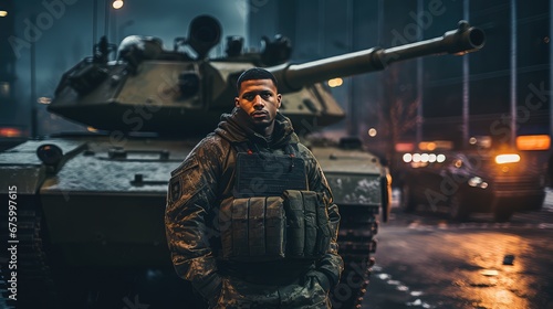 Tablou canvas military man near the tank
