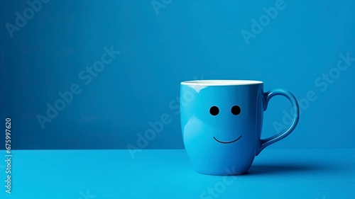 Blue cup a sad face with scarfcoffee on blue background. Blue monday concept and copy space, generative ai