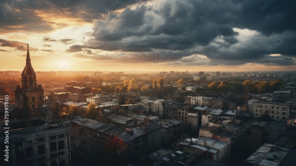 View of the city from above, clouds, night lights