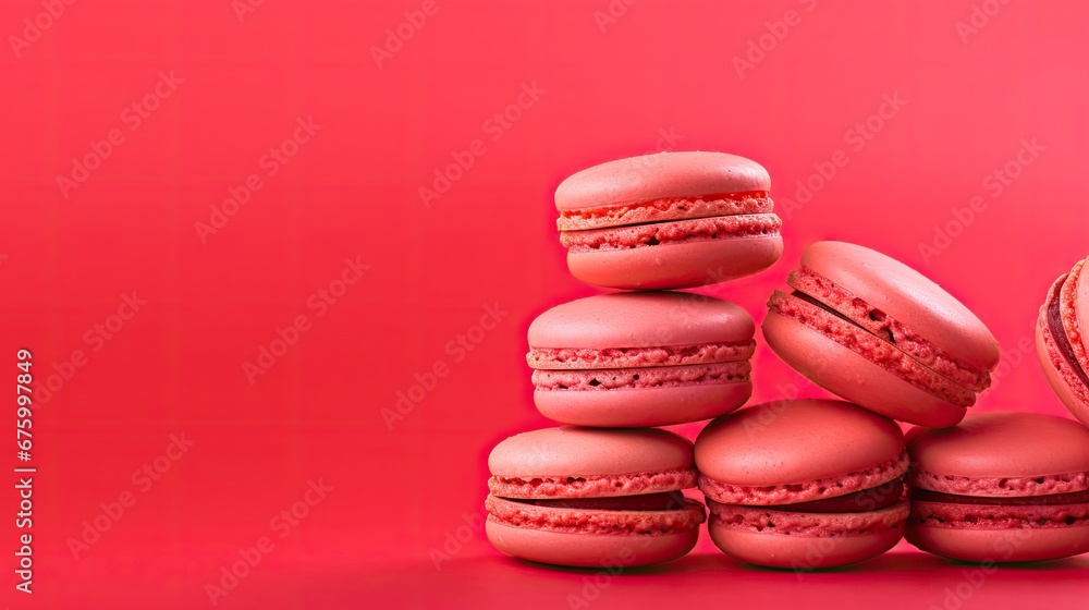 a pile of pink macaroons sitting on top of each other on top of a pink surface next to a bag of macaroons. generative ai a pile of pink macaroons sitting on top of each other on top of a pink surface next to a bag of macaroons. generative ai