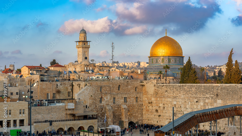 Western Wall and golden Dome of the Rock at sunset, Jerusalem Old City, Israel