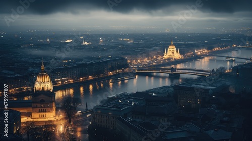 View of the city from above  clouds  night lights