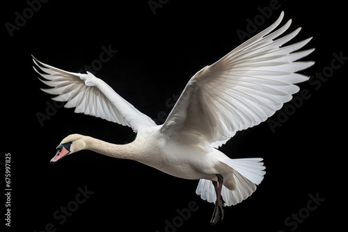 Flying swan on black background