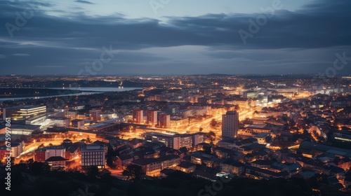 View of the city from above, clouds, night lights