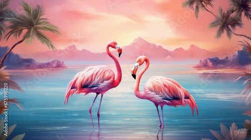 Beautiful flamingos on the beach against the backdrop of the sea  beach and palm trees