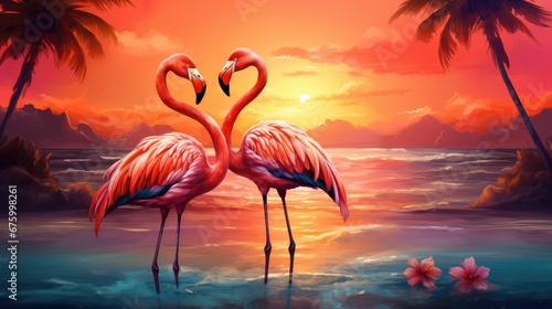 Beautiful flamingos on the beach against the backdrop of the sea  beach and palm trees