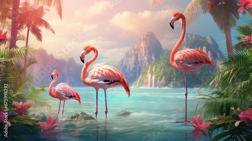 Beautiful flamingos on the beach against the backdrop of the sea  beach and palm trees