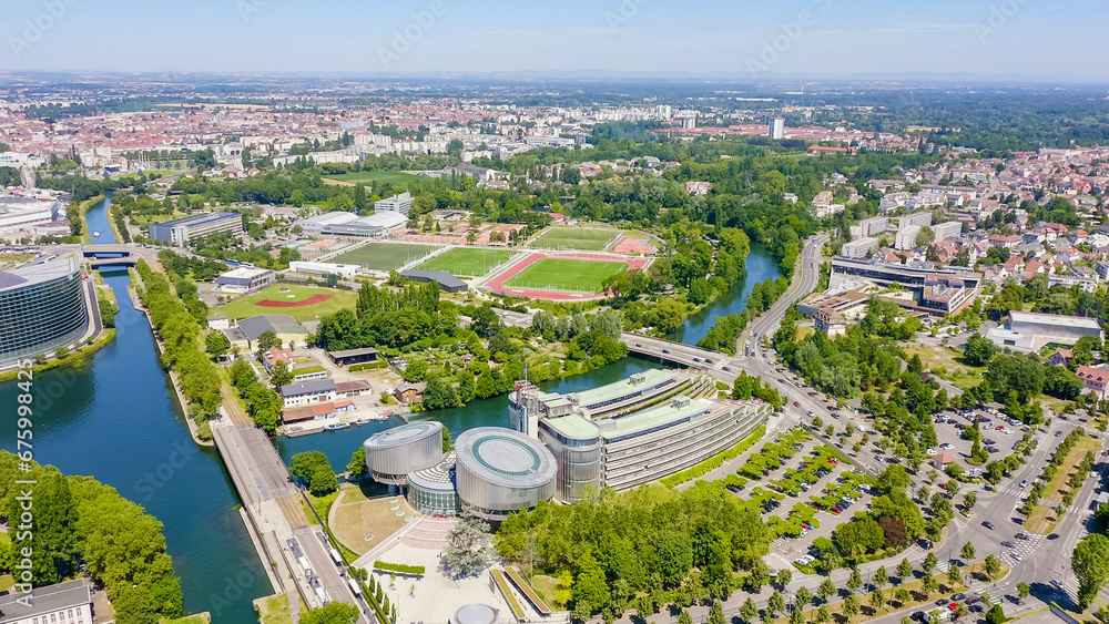 Strasbourg, France. The complex of buildings is the European Parliament, the European Court of Human Rights, Aerial View