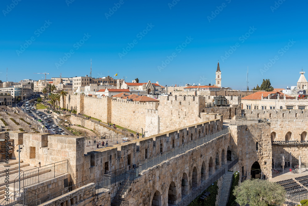 Jerusalem City skyline and old stone wall fortress, Israel.