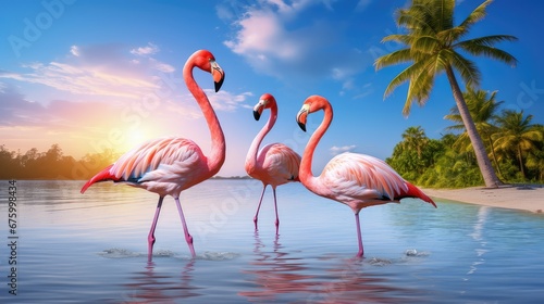 Beautiful flamingos on the beach against the backdrop of the sea  beach and palm trees