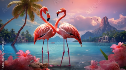 Beautiful flamingos on the beach against the backdrop of the sea  beach and palm trees