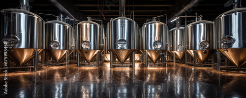 Fermentation beer tanks in row. Shiny metal modern brewery tanks in beer company. photo