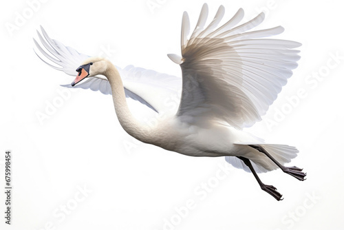 Flying swan on white background