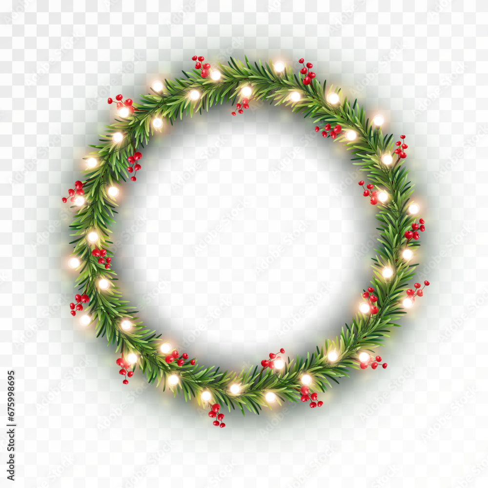 Christmas tree round border with green fir branches, red berries and gold lights isolated on transparent background. Pine, xmas evergreen plants circle frame. Vector ring string garland decor - obrazy, fototapety, plakaty 