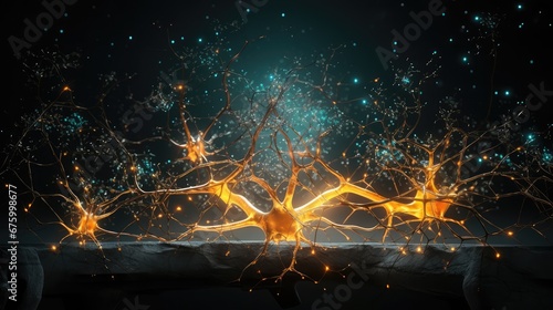Neuronal learning, 3d neurons forge new connections, strengthening the cognitive brain abilities, Neurons in brain energy, brain's neurons fire in synchrony, brainstem and neurology, axon flame, gold photo