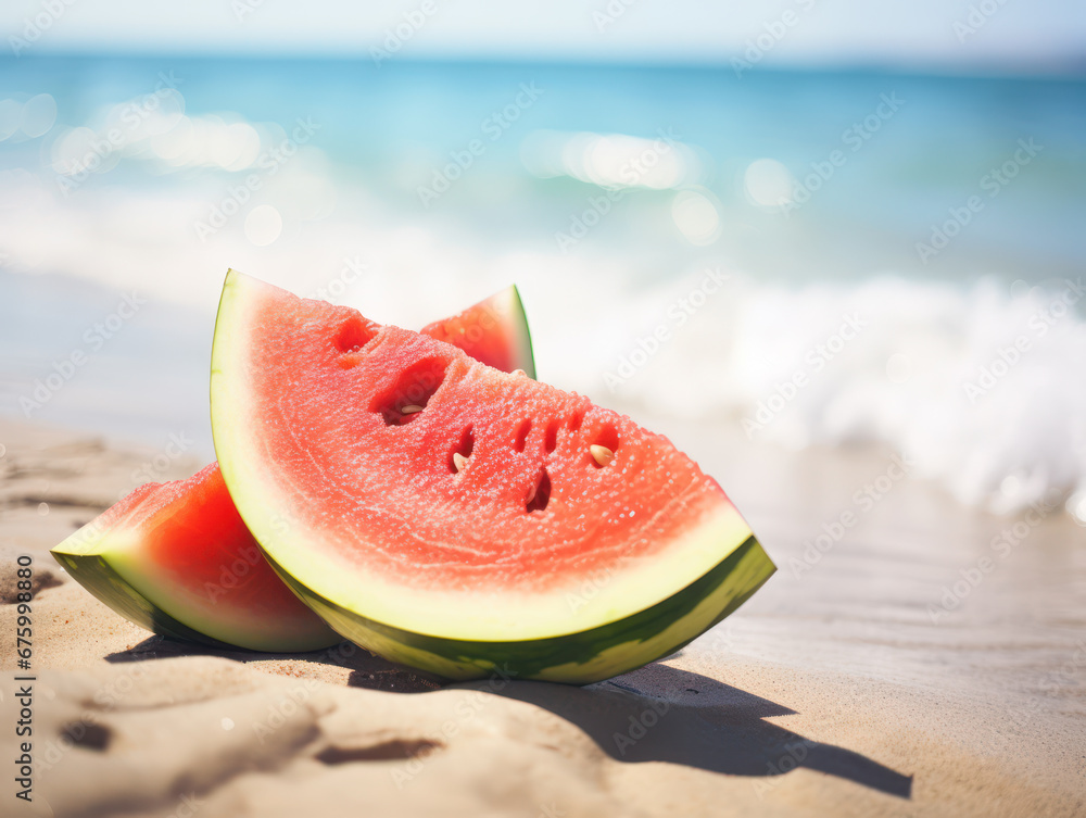 fresh watermelon on the beach sand with fresh blue sky air fresh watermelon on the beach sand with fresh blue sky air