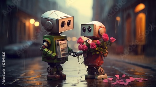 Futuristic Love: Two Robots with Bouquet of Roses Walking on Rainy City Street