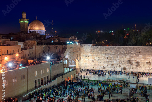 Western Wall and golden Dome of the Rock at night, Jerusalem Old City, Israel.	