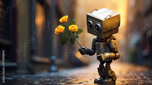 Rusted Robot Delivering Yellow Roses in Rainy Urban Alleyway