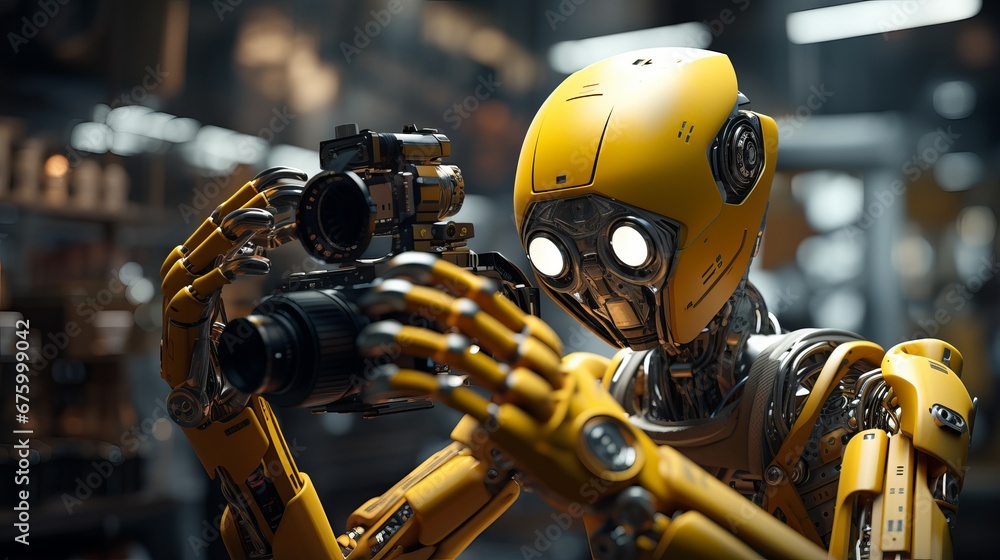 Futuristic Yellow Robot with Camera Arms in Industrial Factory Setting Futuristic Yellow Robot with Camera Arms in Industrial Factory Setting