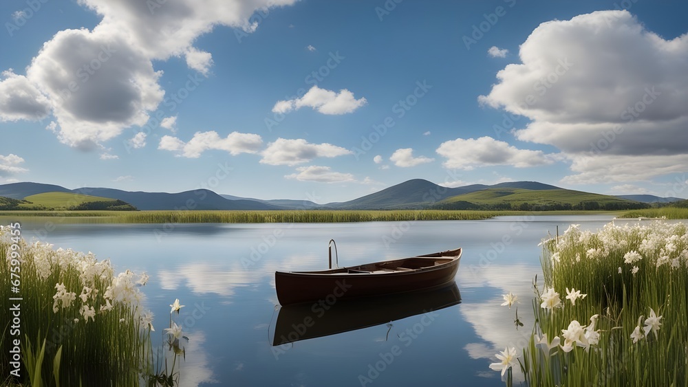 Obraz premium boat on the lake A serene scene with a lake in the valley. The lake is clear and calm and reflects the sky 
