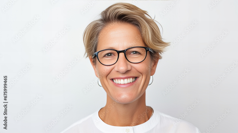 close-up portrait of a smiling, middle-aged, short haired, blonde woman wearing glasses and earrings close-up portrait of a smiling, middle-aged, short haired, blonde woman wearing glasses and earrings