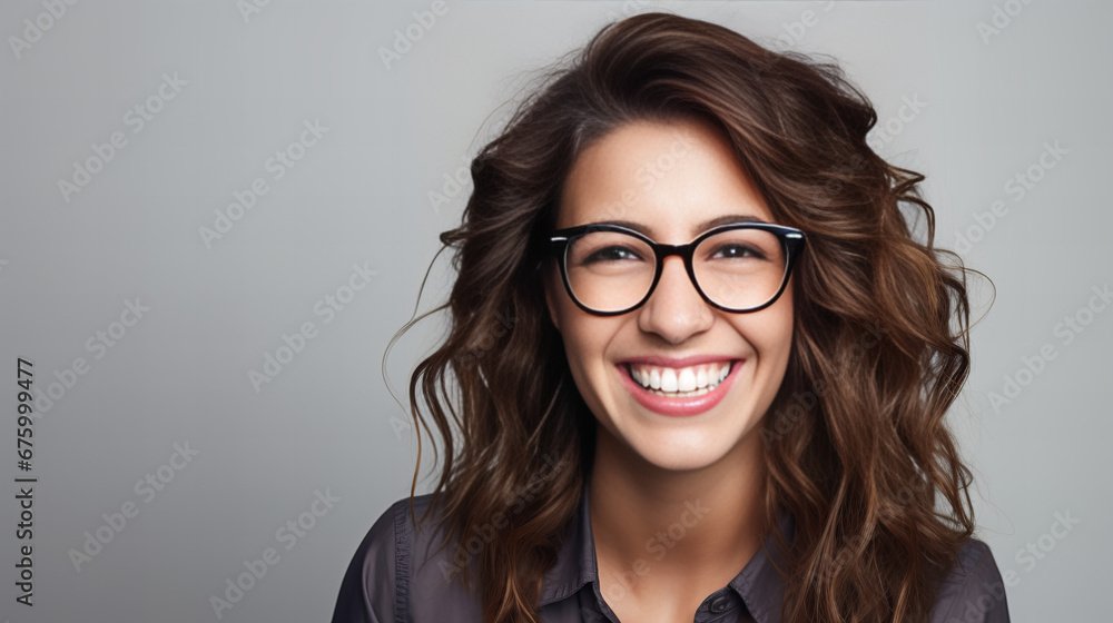 close-up portrait of a young, smiling woman with glasses wearing a black shirt close-up portrait of a young, smiling woman with glasses wearing a black shirt