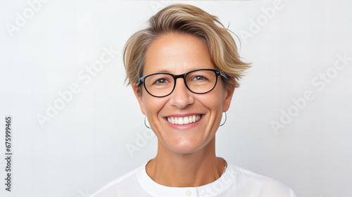 close-up portrait of a smiling, middle-aged, short haired, blonde woman wearing glasses and earrings