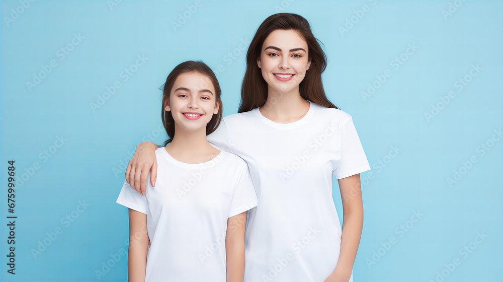 smiling mother and daughter on light blue background, standing together, wearing white t-shirts smiling mother and daughter on light blue background, standing together, wearing white t-shirts