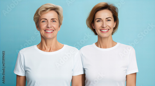 portrait of two middle-aged, smiling women wearing white t-shirts. They are looking at the camera, light blue background photo