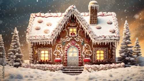  a christmas scene of a gingerbread house with snow falling on the roof and trees in front of the house. generative ai