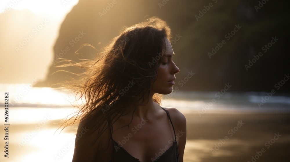 Fototapeta premium Young woman emerging from the sea on a beach