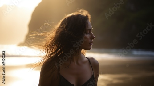 Young woman emerging from the sea on a beach © Mustafa