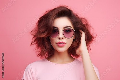Portrait of woman with cool sunglasses and brunette hair in front of pink studio background