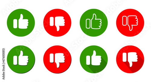 Thumb up and thumb down. Like and dislike buttons. Positive and negative opinion. Red and green rounds. Do's and don'ts icons