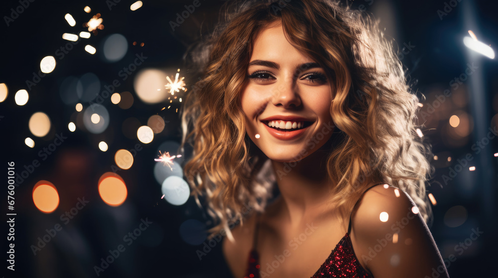 A joyous curly-haired woman, adorned in sequined evening wear, beams brightly amidst a confetti-filled celebration with shimmering bokeh lights. A joyous curly-haired woman, adorned in sequined evening wear, beams brightly amidst a confetti-filled celebration with shimmering bokeh lights.