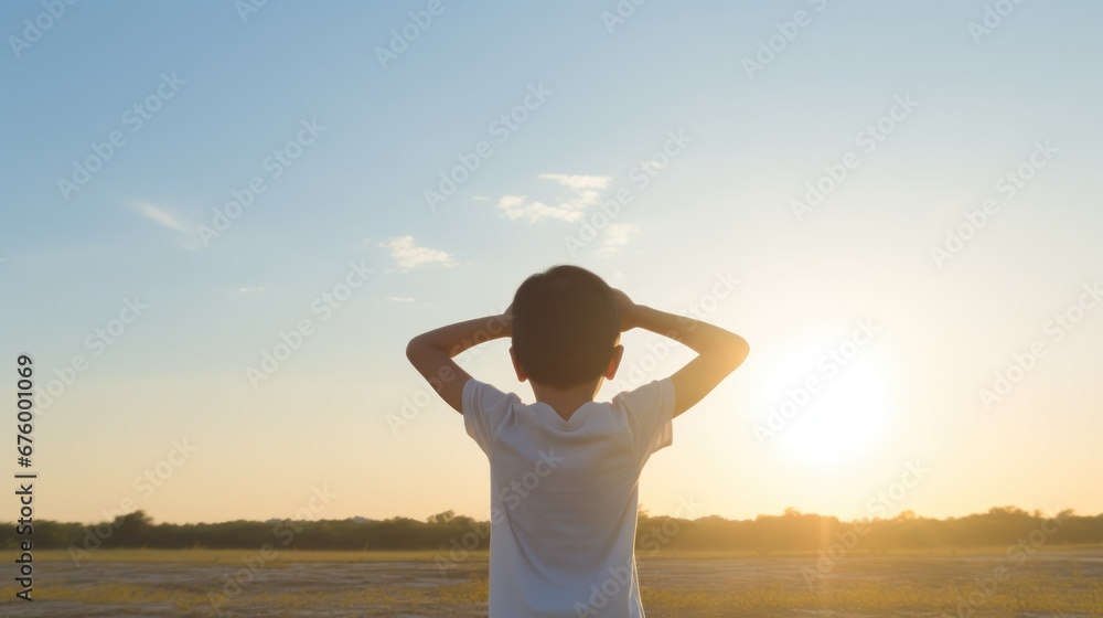Little boy looking at the horizon as the sun rises, puts his hands on his head, view from behind