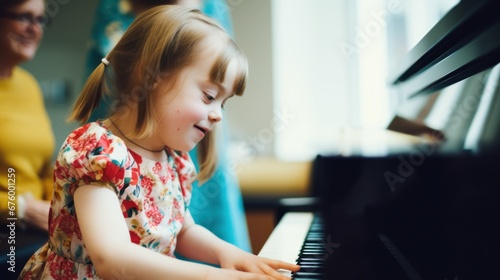 Little girl with Down syndrome learns to play the piano photo