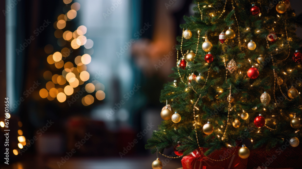 A close-up of golden and red Christmas ornaments hanging on a pine tree with a beautiful bokeh effect created by sparkling lights in the background.