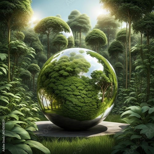 A Double-Exposure Render of a 3D Sphere with Metallic and Vegetal Halves: A Geometry Meets Nature Concept