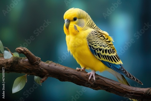 one yellow budgerigar on a branch on white background photo