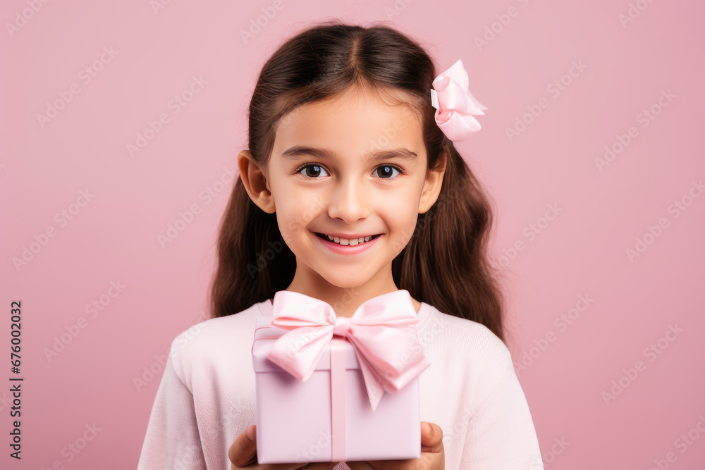 Happy smiling child girl holding gift on pink background Happy smiling child girl holding gift on pink background