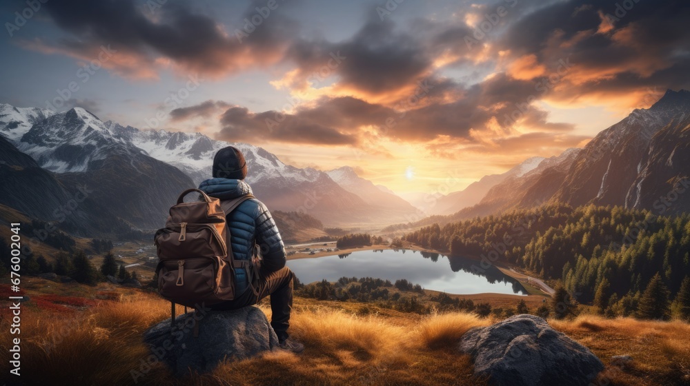 Solo backpacker overlooking a serene mountain lake at dawn